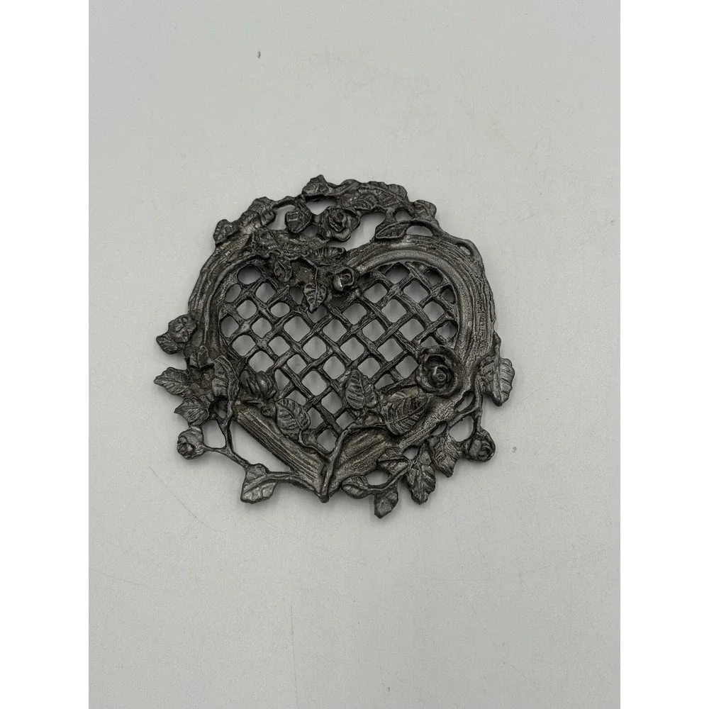 Vintage 1987 METZKE Pewter Potpourri Glass Jar Rose Heart Trellis Lid